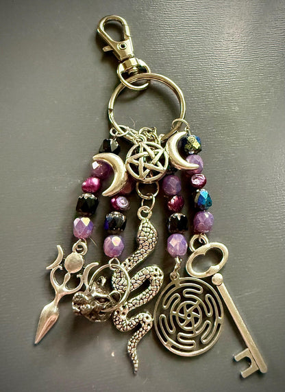 Hekate Talisman Key Chain Beaded Purse Charm with Goddess, Wolf, Snake and Key.