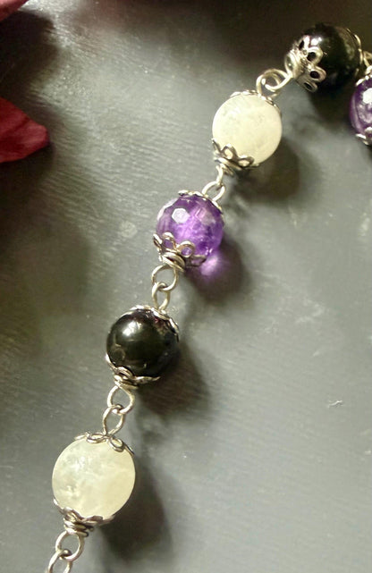 Hekate Prayer Beads: Amethyst, Obsidian, Moonstone, Triple Moon Goddess, Key Charm