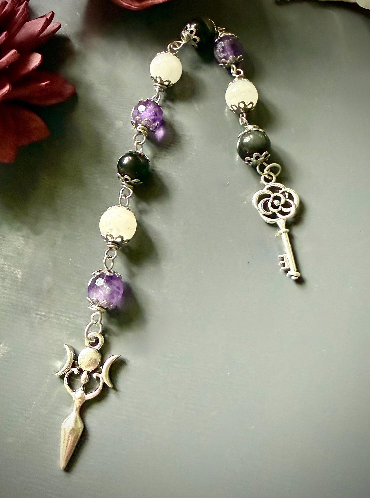 Hekate Prayer Beads: Amethyst, Obsidian, Moonstone, Triple Moon Goddess, Key Charm