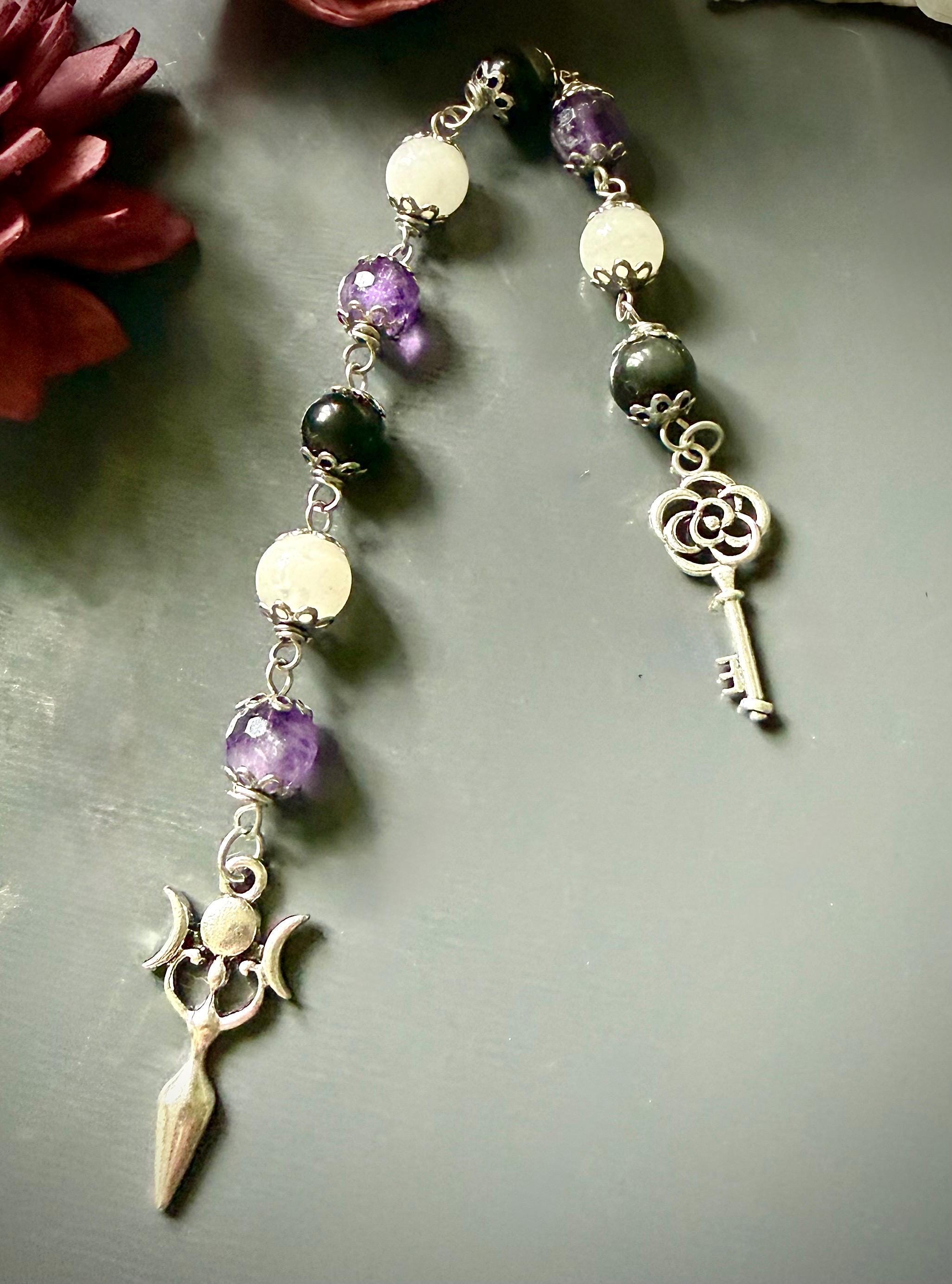 Hekate Prayer Beads: Amethyst, Obsidian, Moonstone, Triple Moon Goddess, Key Charm