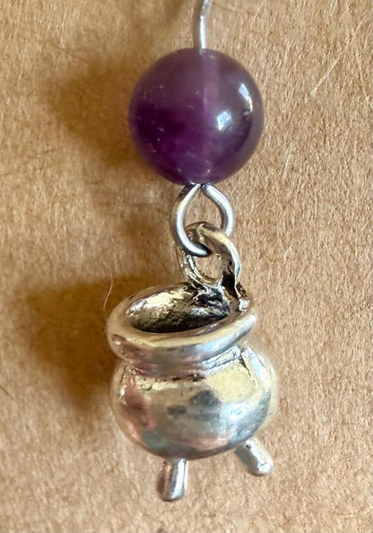 Witches Brew Cauldron Witchy Earrings with Amethyst Gemstones.