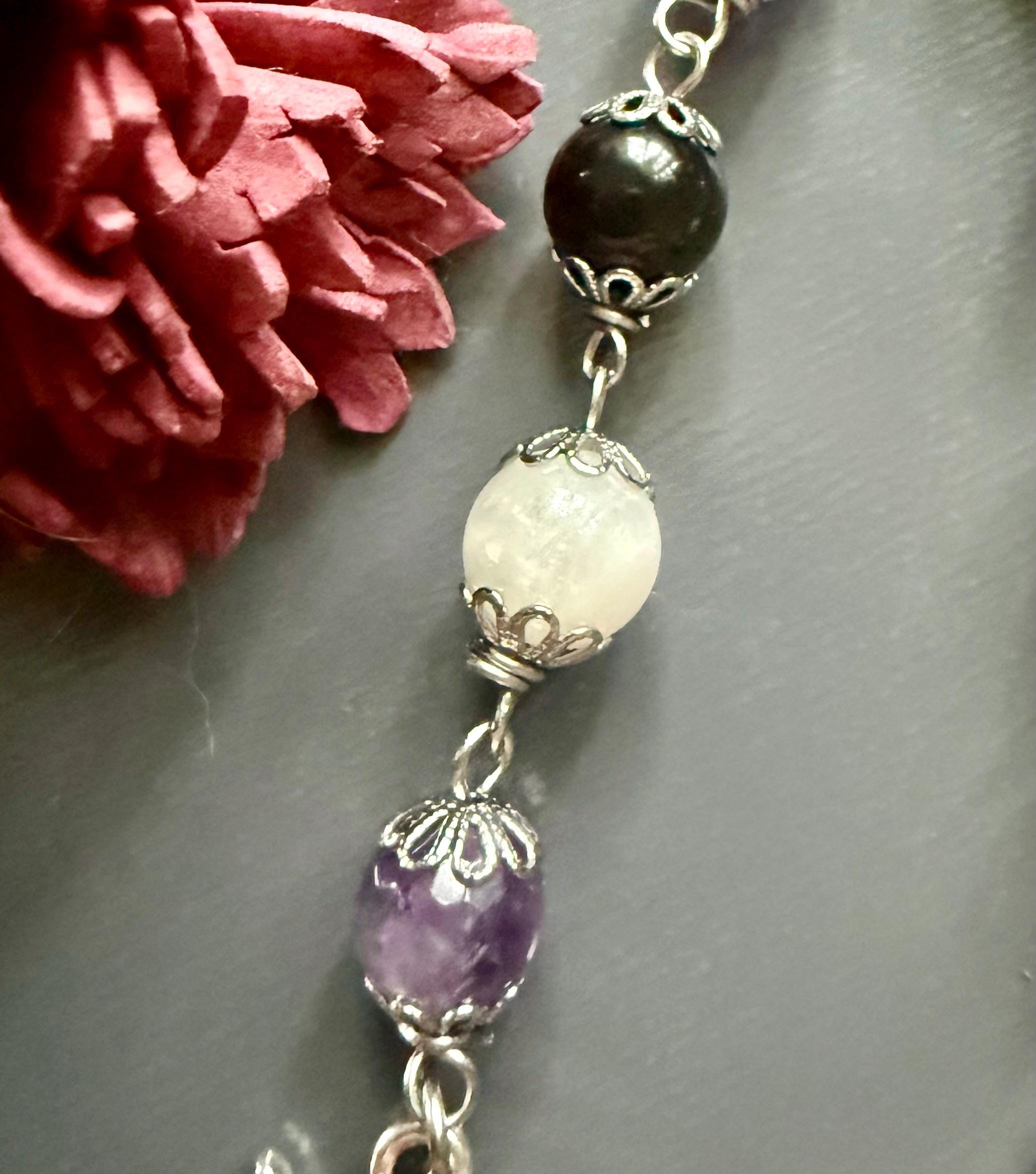 Hekate’s Wheel Prayer and Devotional Beads:  Amethyst, Obsidian, Moonstone, Key, and Goddess Charm.