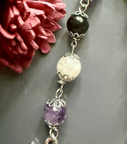 Hekate’s Wheel Prayer and Devotional Beads:  Amethyst, Obsidian, Moonstone, Key, and Goddess Charm.
