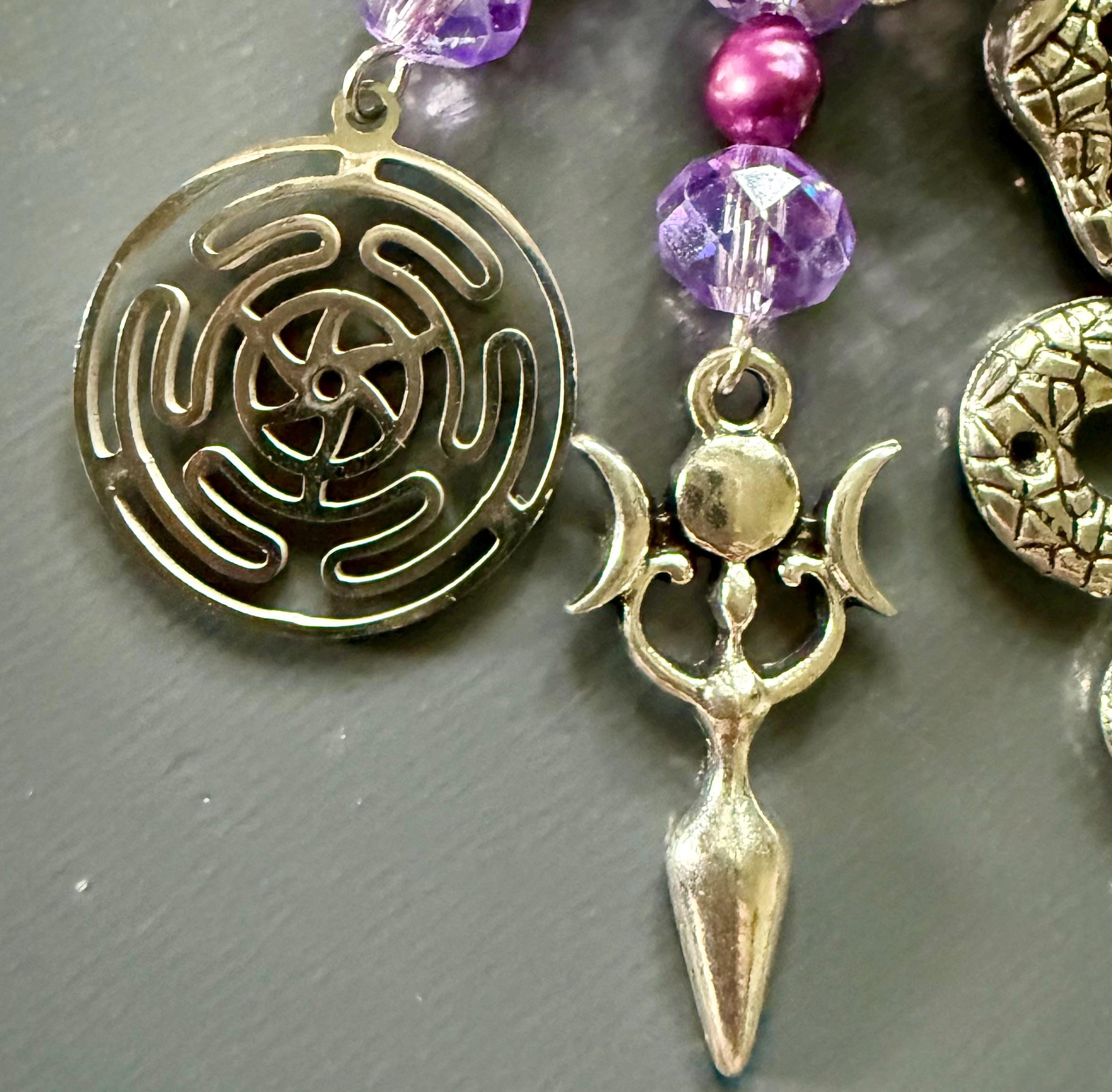 Hekate’s Wheel Talisman Key Chain Beaded Purse Charm with Goddess, Moon, Snake, and Key.