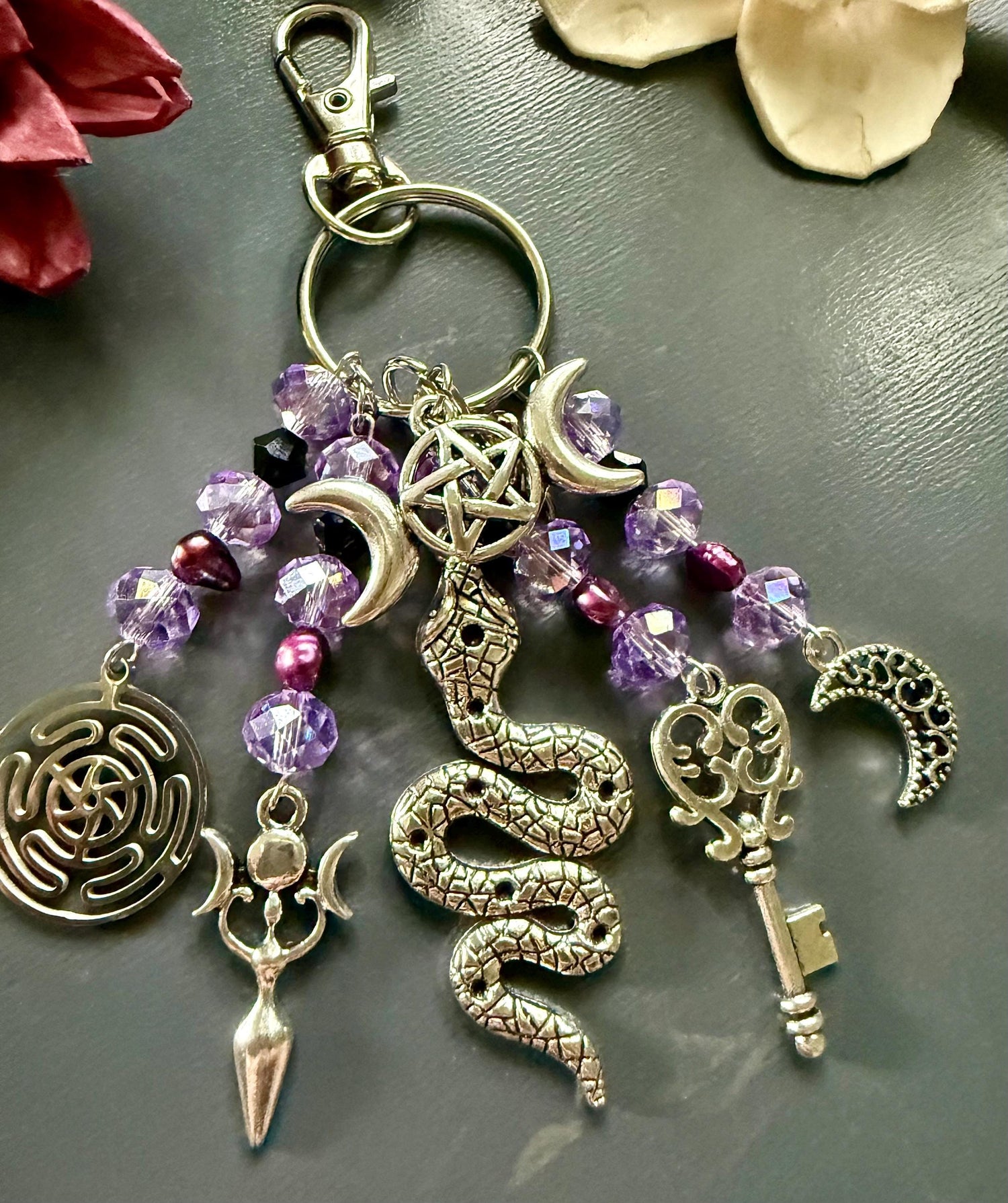 Hekate’s Wheel Talisman Key Chain Beaded Purse Charm with Goddess, Moon, Snake, and Key.