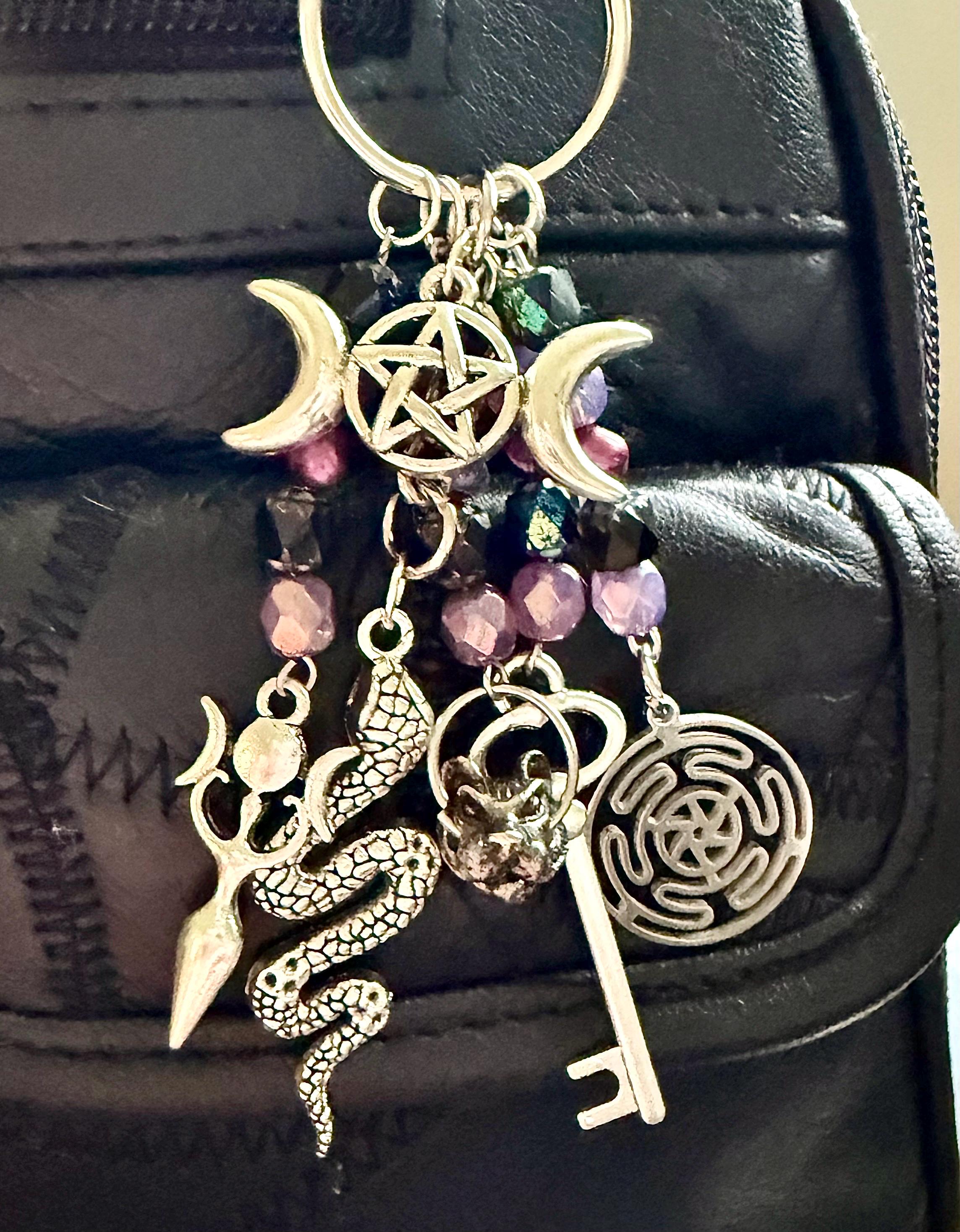 Hekate Talisman Key Chain Beaded Purse Charm with Goddess, Wolf, Snake and Key.