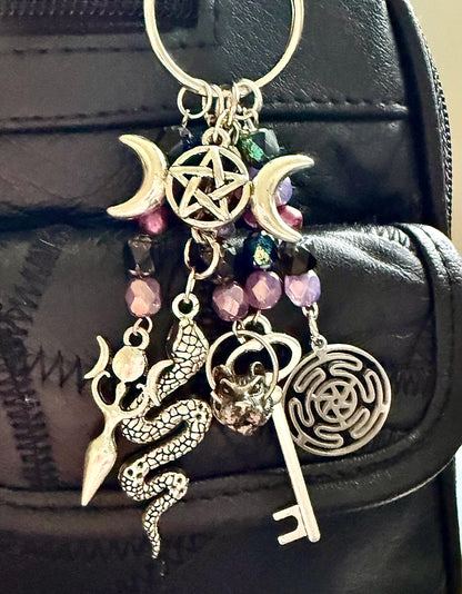 Hekate Talisman Key Chain Beaded Purse Charm with Goddess, Wolf, Snake and Key.