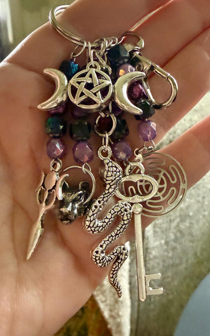 Hekate Talisman Key Chain Beaded Purse Charm with Goddess, Wolf, Snake and Key.
