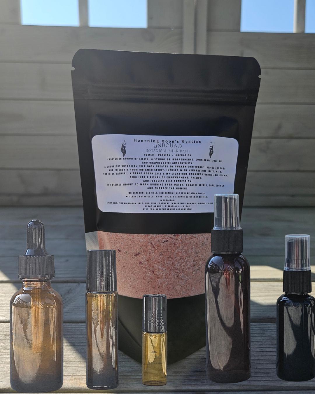 Unbound Ritual Collection | Botanical Milk Bath | Ritual Oil | Energy Mist | Inspired by Lilith | Spiritual Self-Care | Pagan Gift