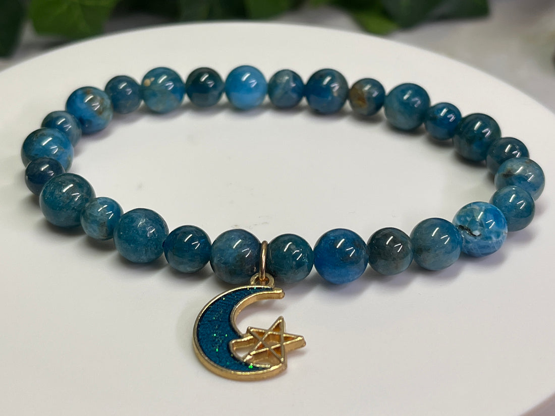 6mm and 8mm Blue Apatite Bracelet with Moon charm