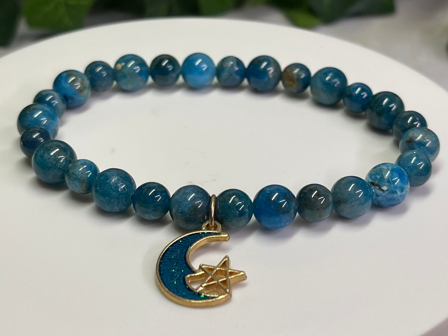 6mm and 8mm Blue Apatite Bracelet with Moon charm