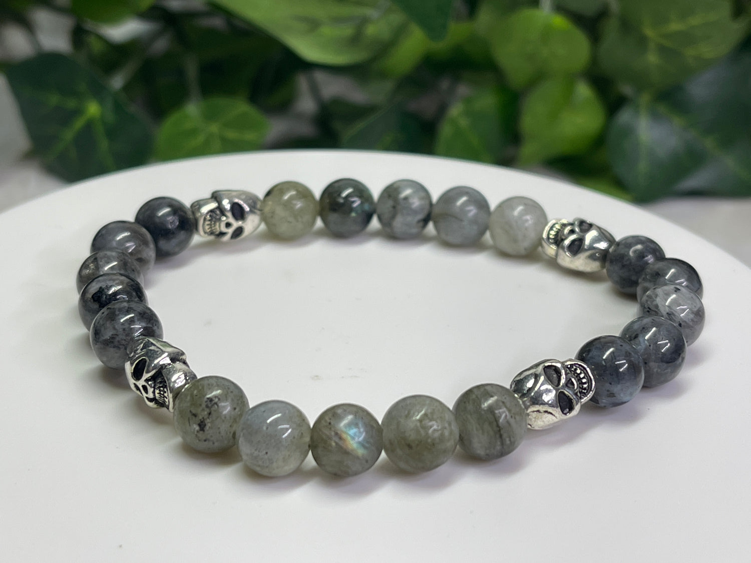 8mm Larvikite and Labradorite Bracelet with Skulls