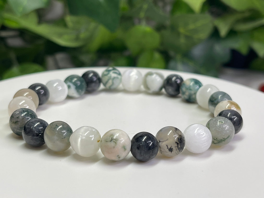 Moss Agate, Larvikite and Selenite Bracelet