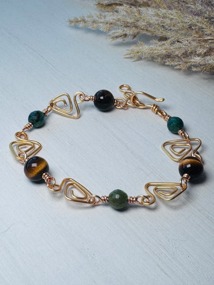 Gold Wire Wrapped Prism Link Bracelet with Tigers Eye and Fuchsite Gemstones