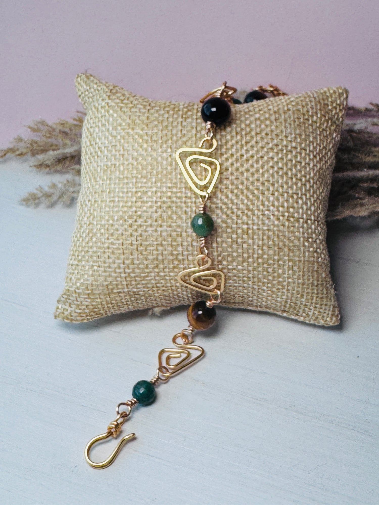Gold Wire Wrapped Prism Link Bracelet with Tigers Eye and Fuchsite Gemstones