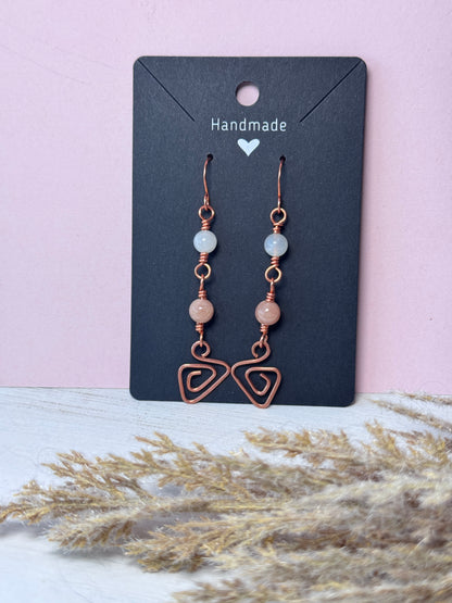 Copper Wire Wrapped Moonstone + Sunstone Prism Earrings