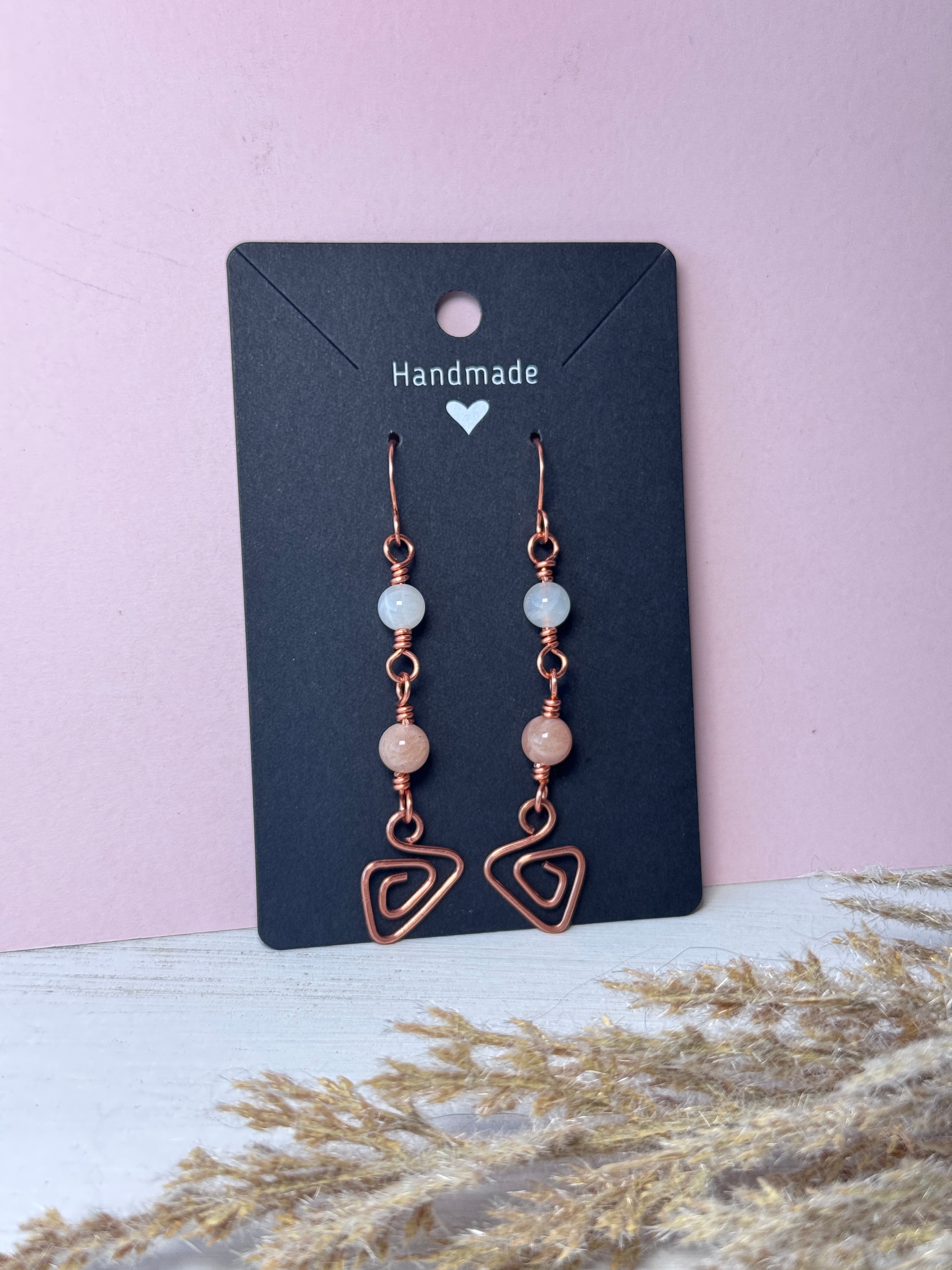 Copper Wire Wrapped Moonstone + Sunstone Prism Earrings