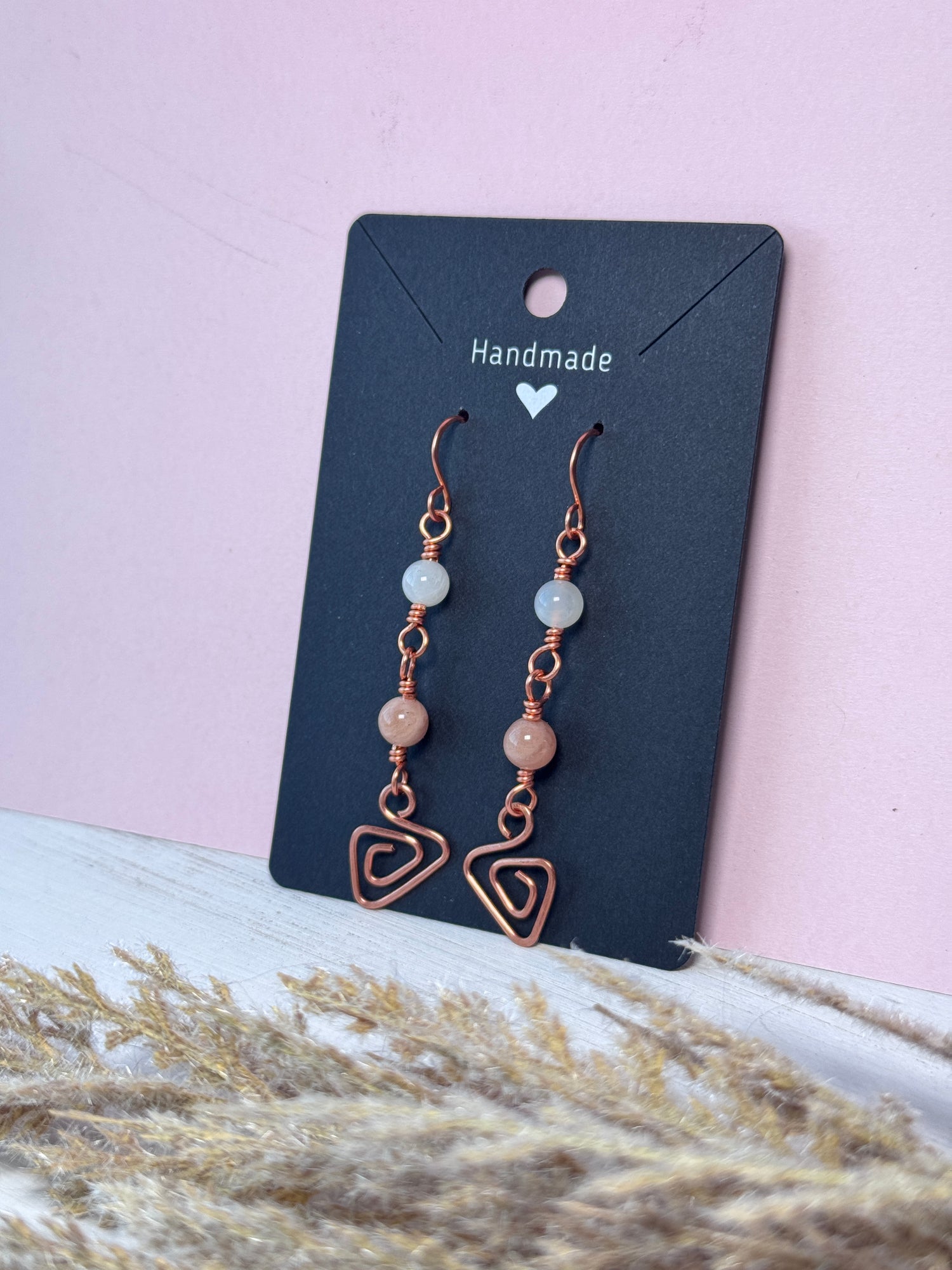 Copper Wire Wrapped Moonstone + Sunstone Prism Earrings
