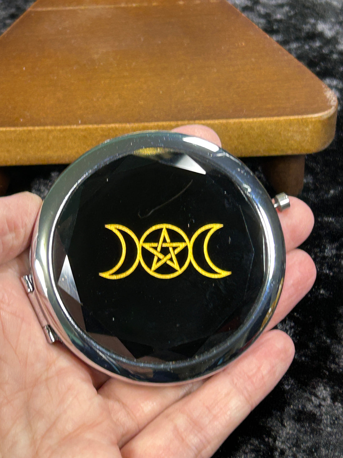 Divine Moon Phase Jewel Tone Compact Mirror, Black