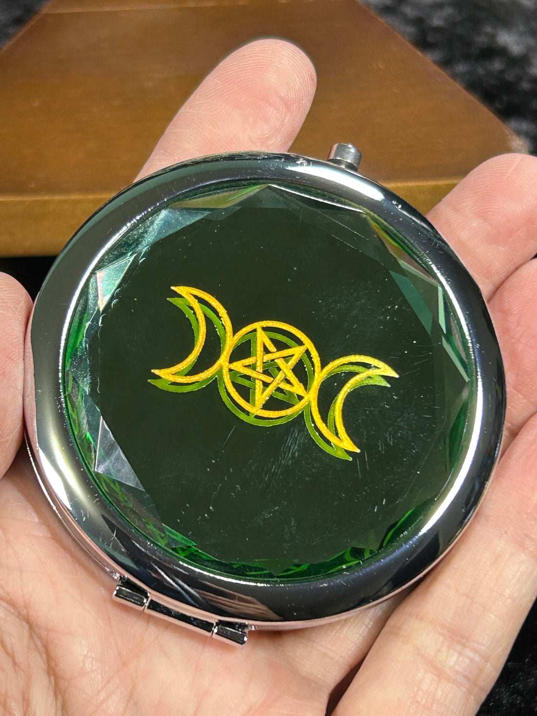 Divine Moon Phase Jewel Tone Compact Mirror, Green