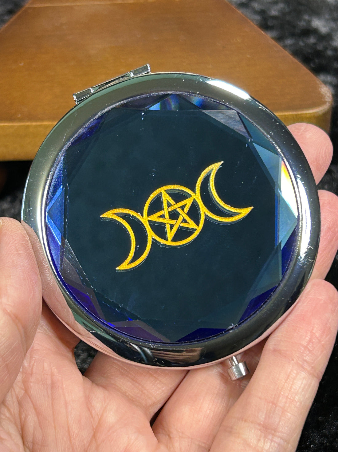 Divine Moon Phase Jewel Tone Compact Mirror, Blue