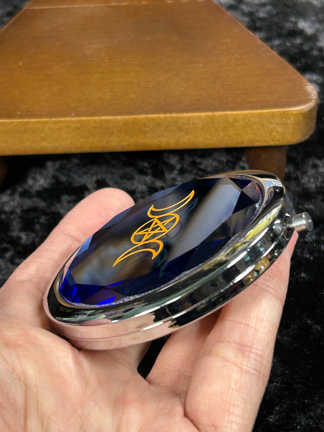 Divine Moon Phase Jewel Tone Compact Mirror, Blue