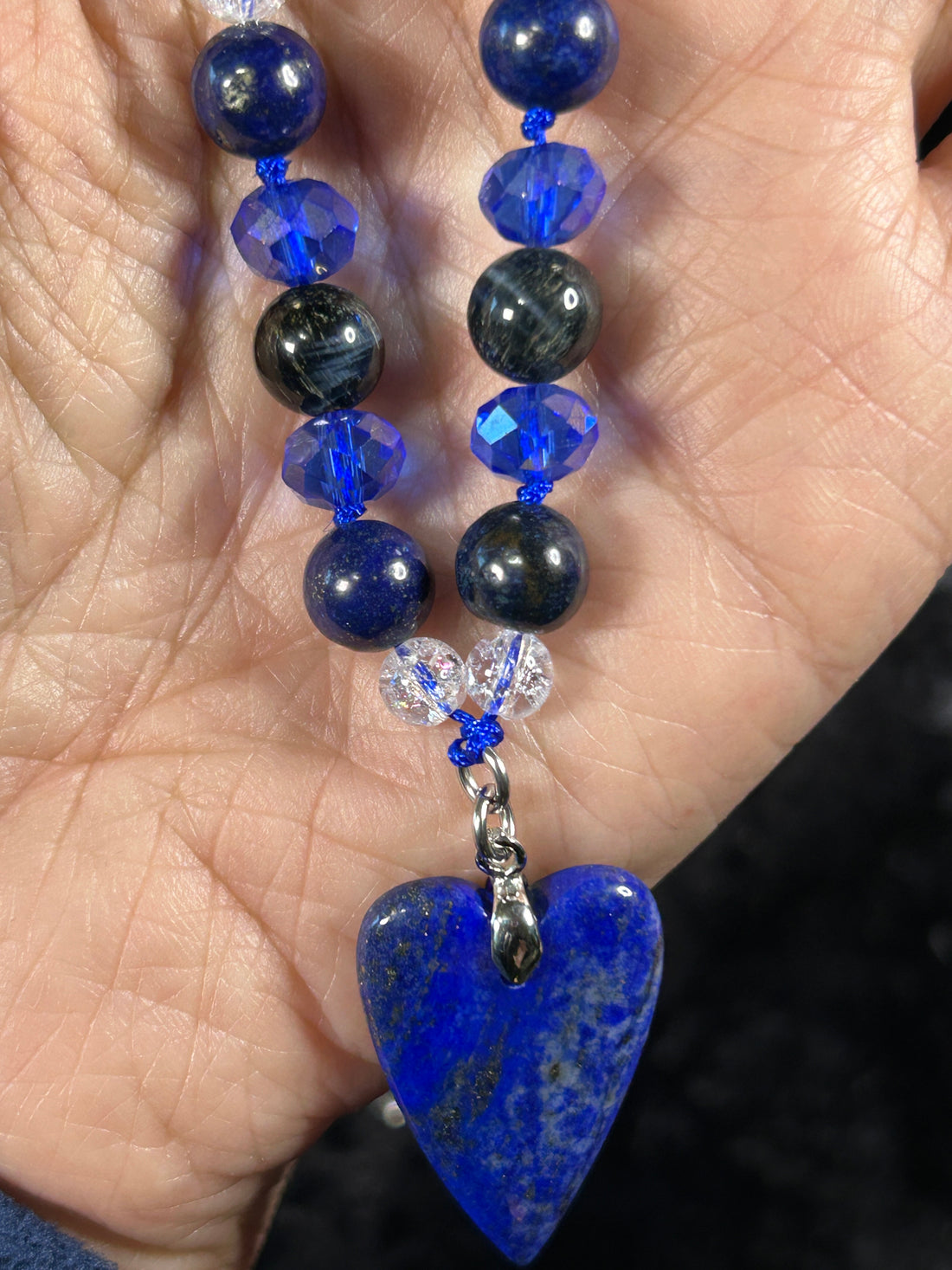 Beautifully Hand Knotted Lapis Lazuli Necklace w/Natural Blue Tiger Eye &amp; Clear Quartz Beads