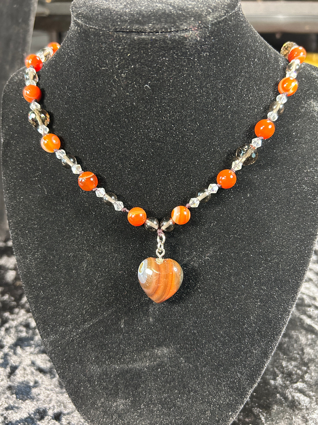 Beautifully Hand Knotted Carnelian Necklace w/ Smokey Quartz