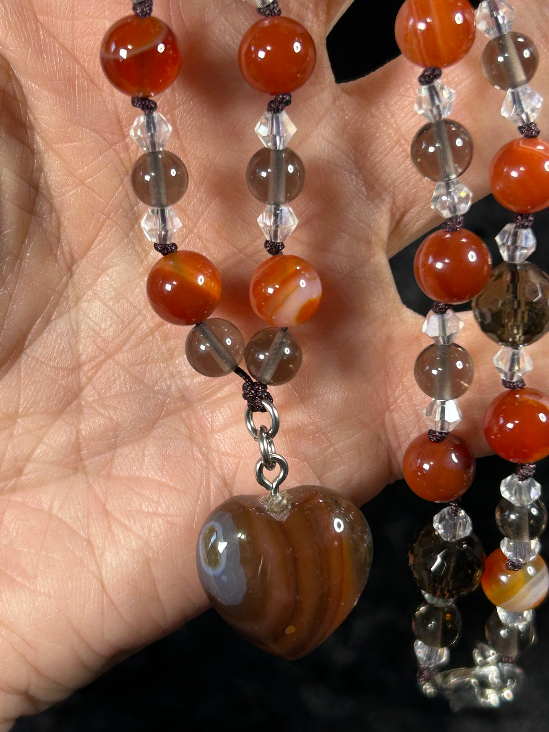 Beautifully Hand Knotted Carnelian Necklace w/ Smokey Quartz