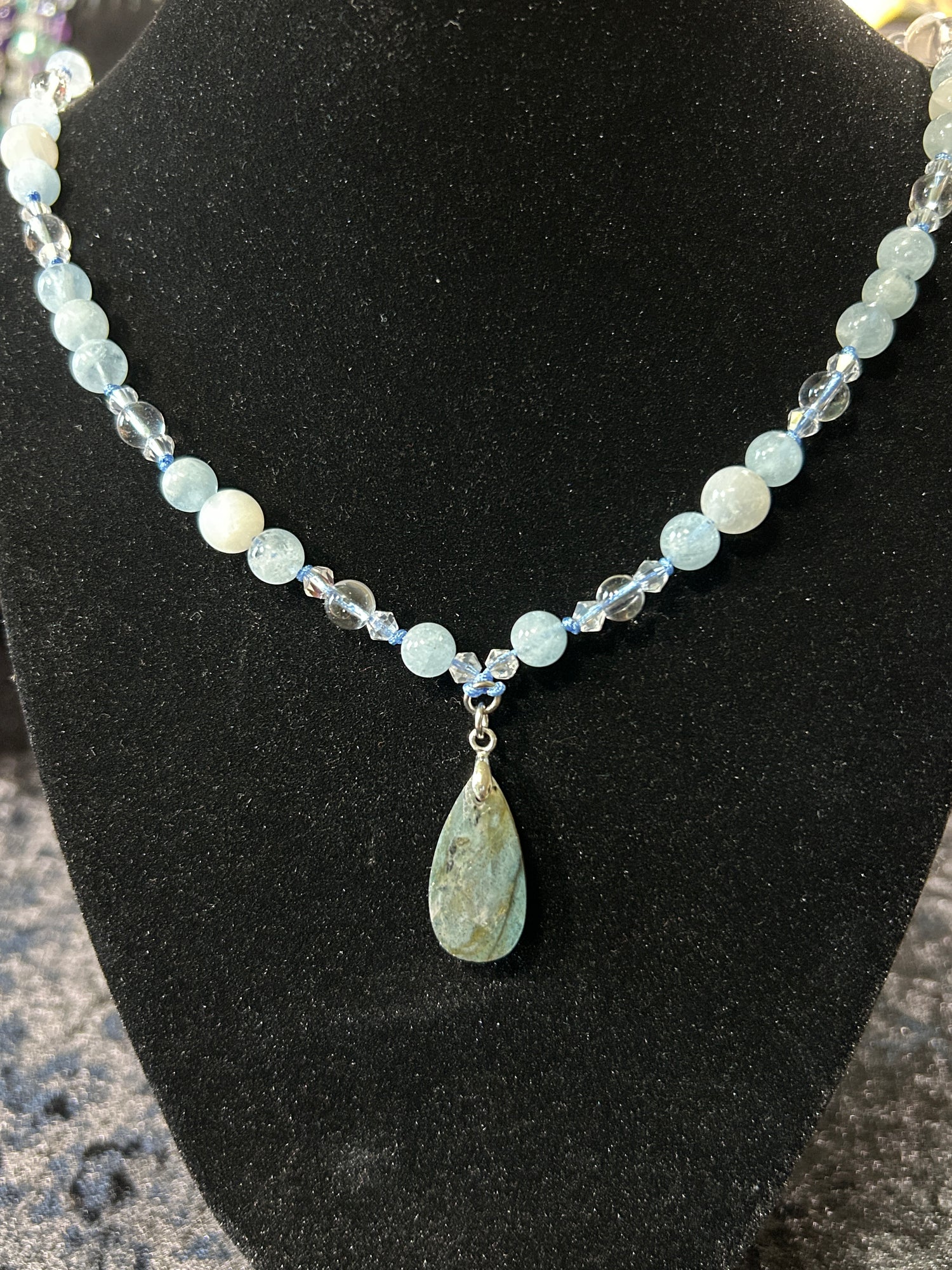 Stunning Aquamarine Hand Knotted Neckalce w/ White Moonstone &amp; Clear Quartz
