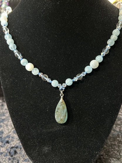 Stunning Aquamarine Hand Knotted Neckalce w/ White Moonstone &amp; Clear Quartz