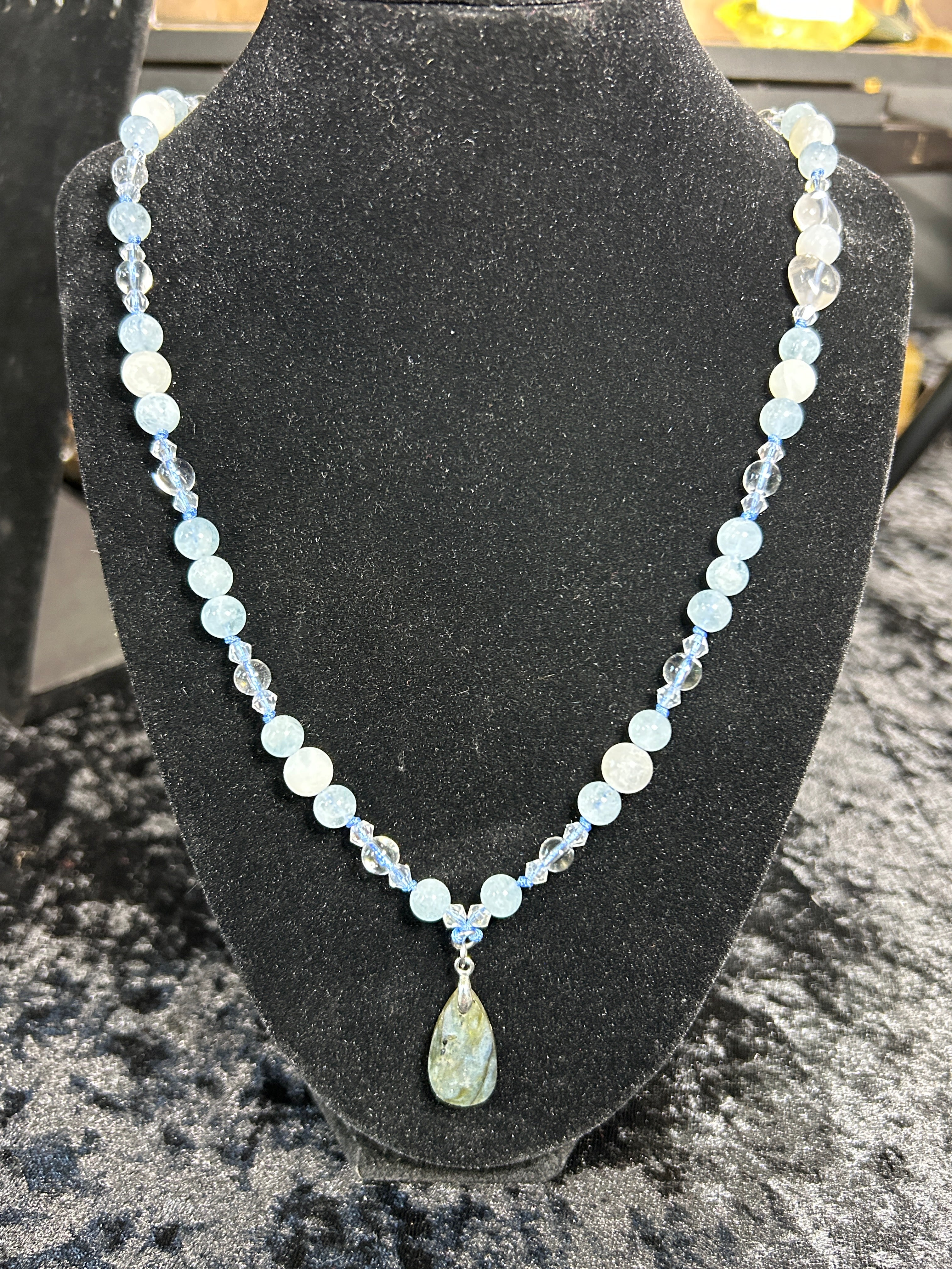 Stunning Aquamarine Hand Knotted Neckalce w/ White Moonstone &amp; Clear Quartz