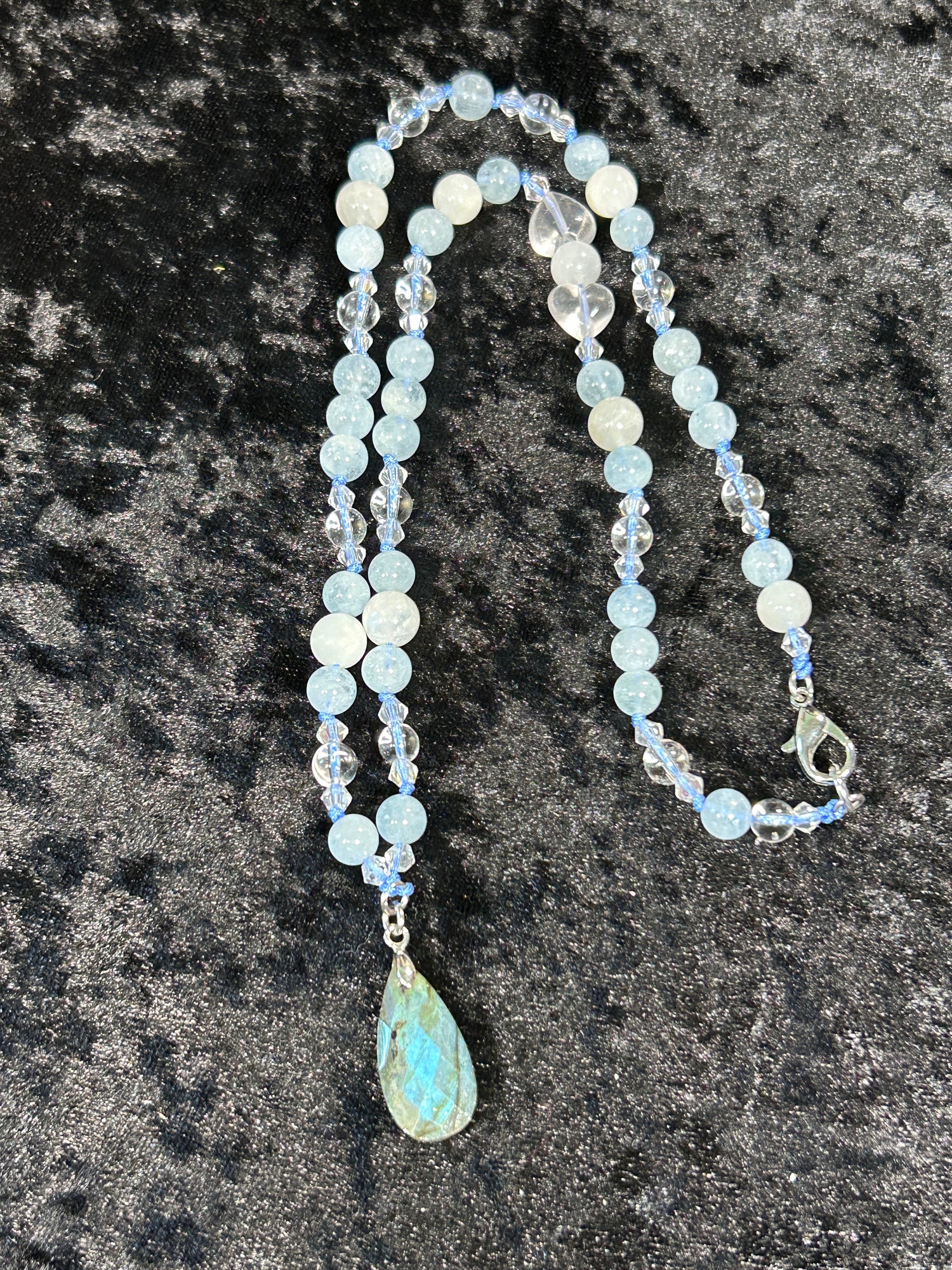 Stunning Aquamarine Hand Knotted Neckalce w/ White Moonstone &amp; Clear Quartz