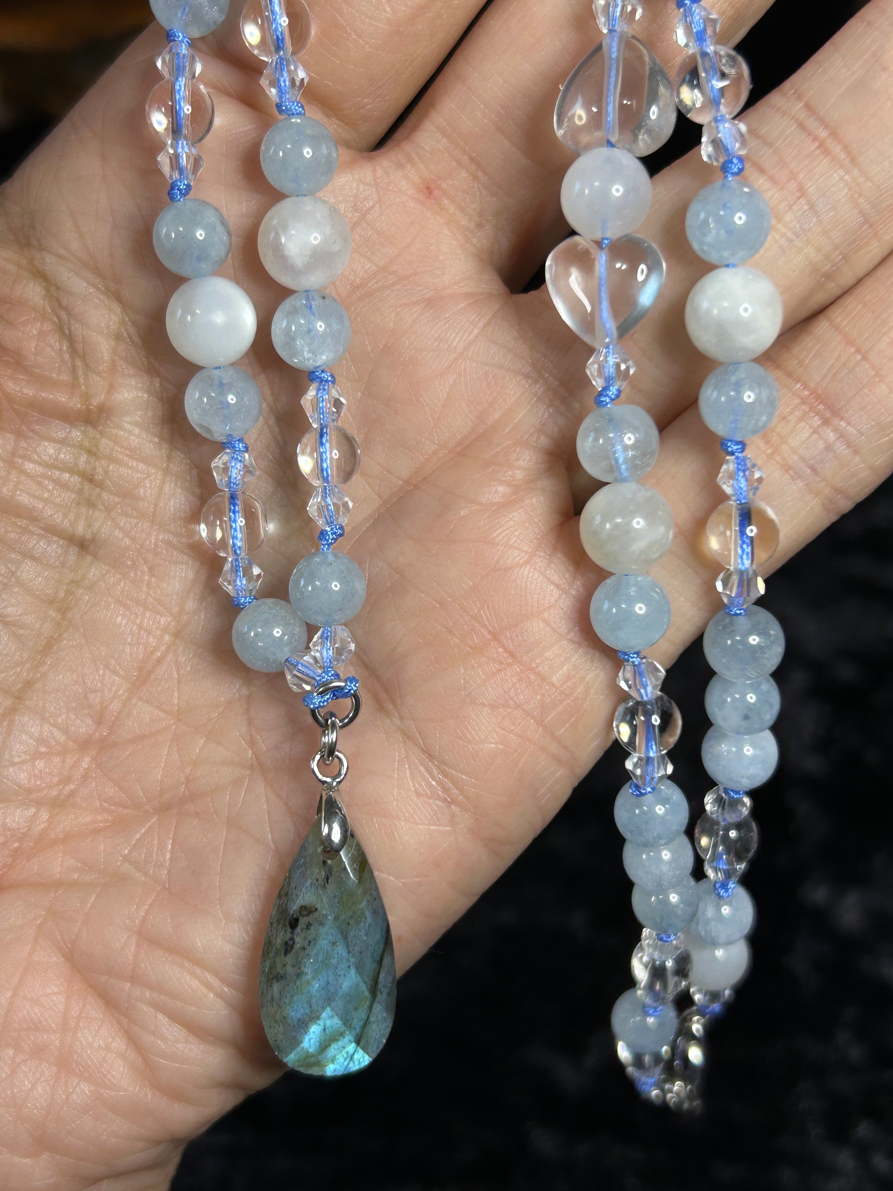 Stunning Aquamarine Hand Knotted Neckalce w/ White Moonstone &amp; Clear Quartz