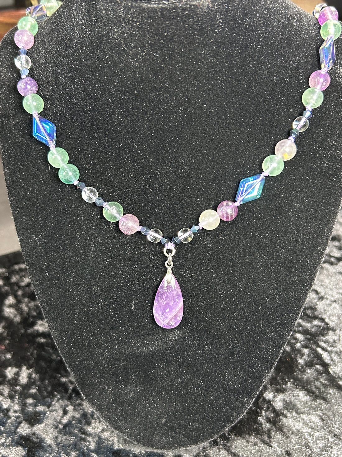 Beautiful Hand Knotted Fluorite Necklace, w/ a Faceted Amethyst Water Drop Pendant
