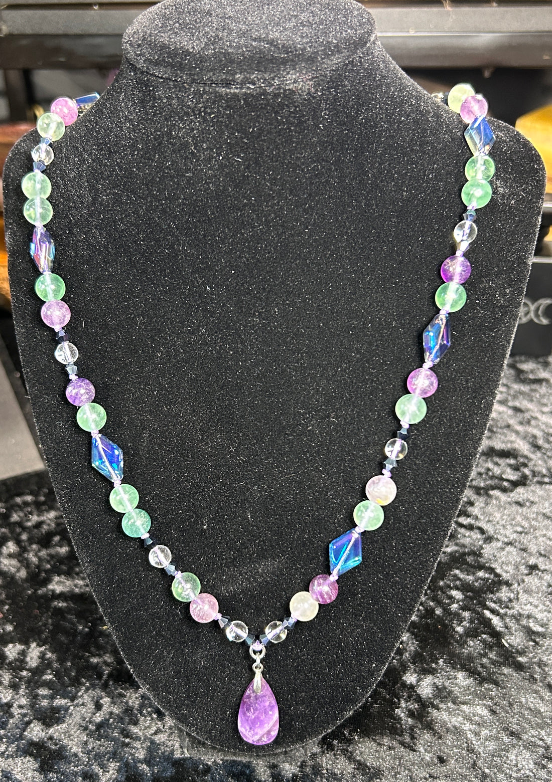 Beautiful Hand Knotted Fluorite Necklace, w/ a Faceted Amethyst Water Drop Pendant