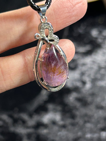 Gorgeous Amethyst with Golden Rutile TearDrop Pendant