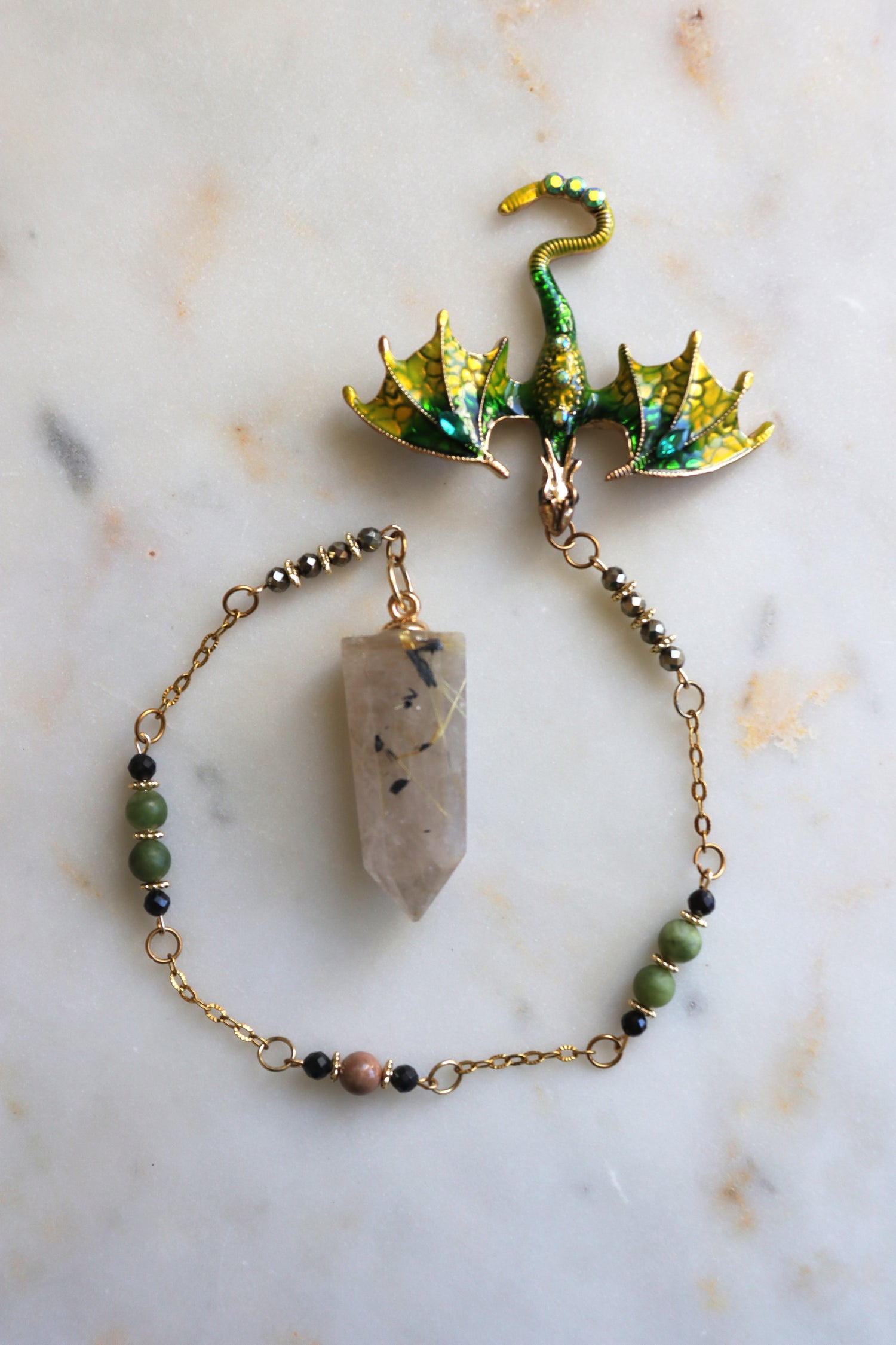 Rutilated Quartz Pendulum – Dragon Dowsing Tool with Jade, Pyrite &amp; Obsidian