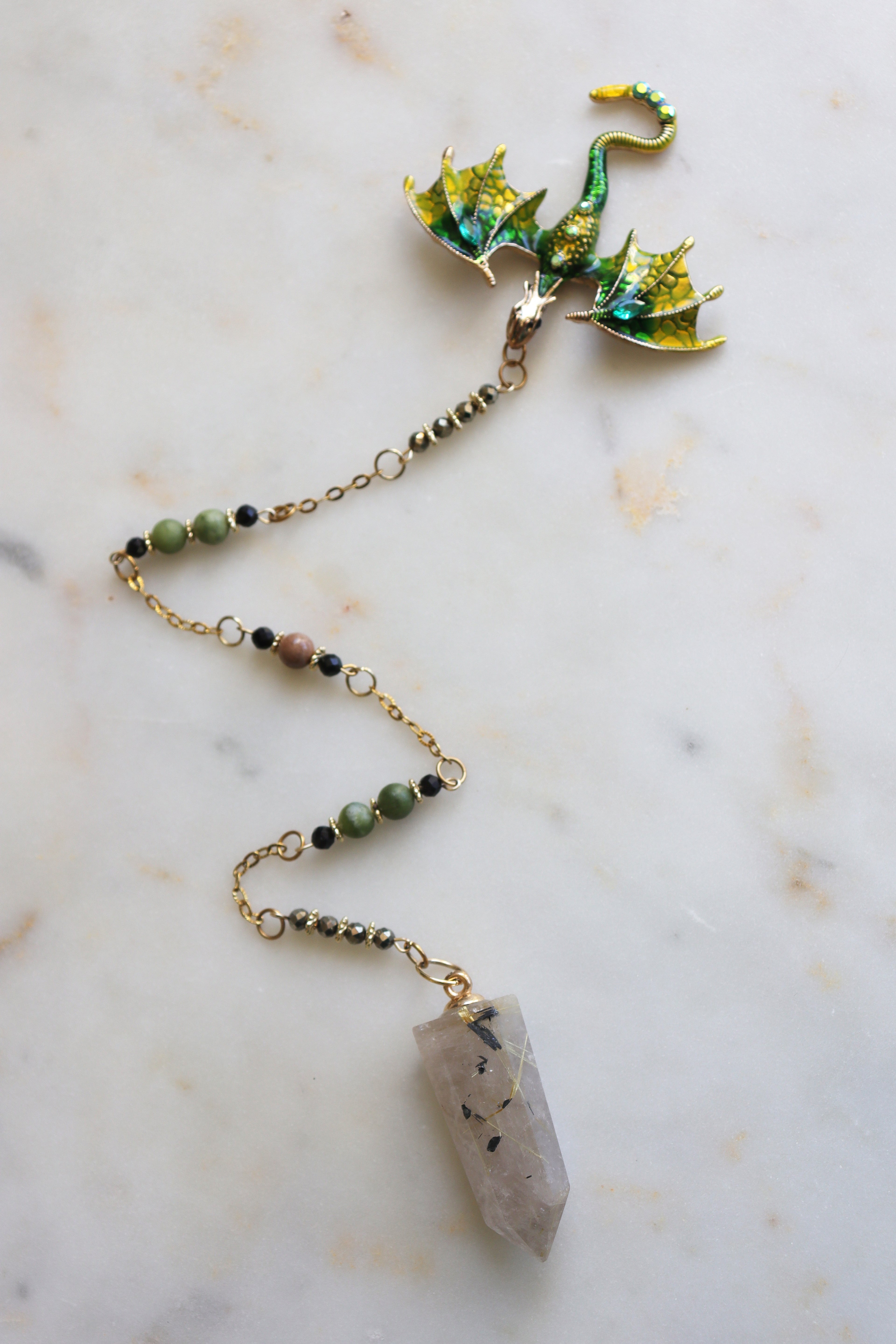 Rutilated Quartz Pendulum – Dragon Dowsing Tool with Jade, Pyrite &amp; Obsidian