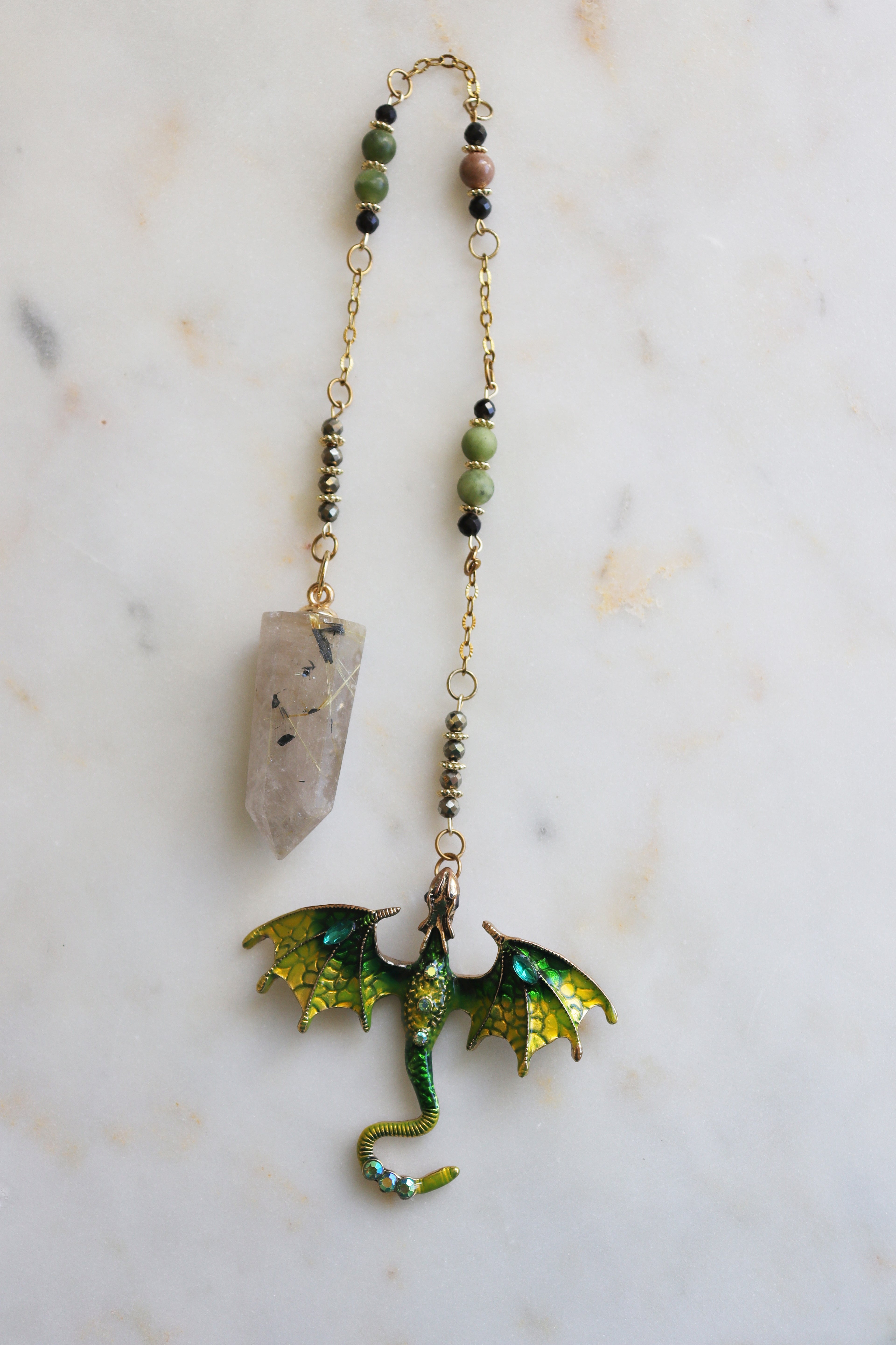 Rutilated Quartz Pendulum – Dragon Dowsing Tool with Jade, Pyrite &amp; Obsidian