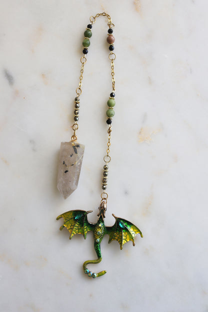 Rutilated Quartz Pendulum – Dragon Dowsing Tool with Jade, Pyrite &amp; Obsidian