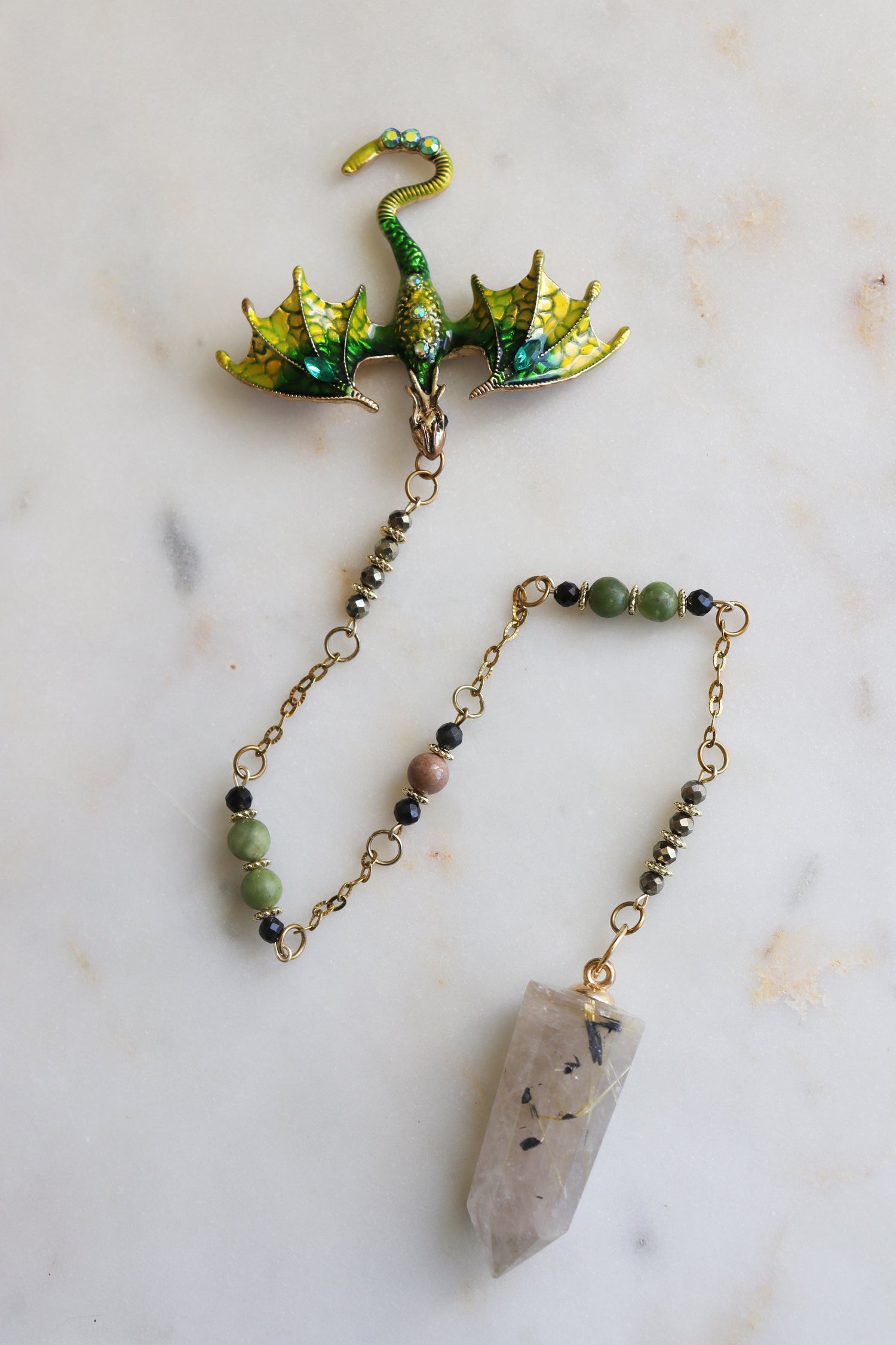 Rutilated Quartz Pendulum – Dragon Dowsing Tool with Jade, Pyrite &amp; Obsidian