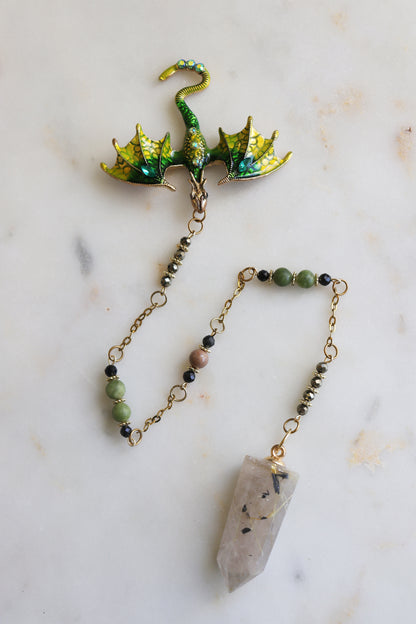 Rutilated Quartz Pendulum – Dragon Dowsing Tool with Jade, Pyrite &amp; Obsidian