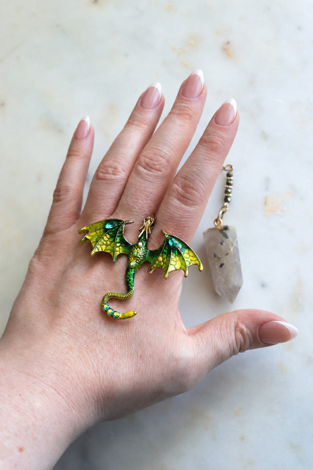 Rutilated Quartz Pendulum – Dragon Dowsing Tool with Jade, Pyrite &amp; Obsidian