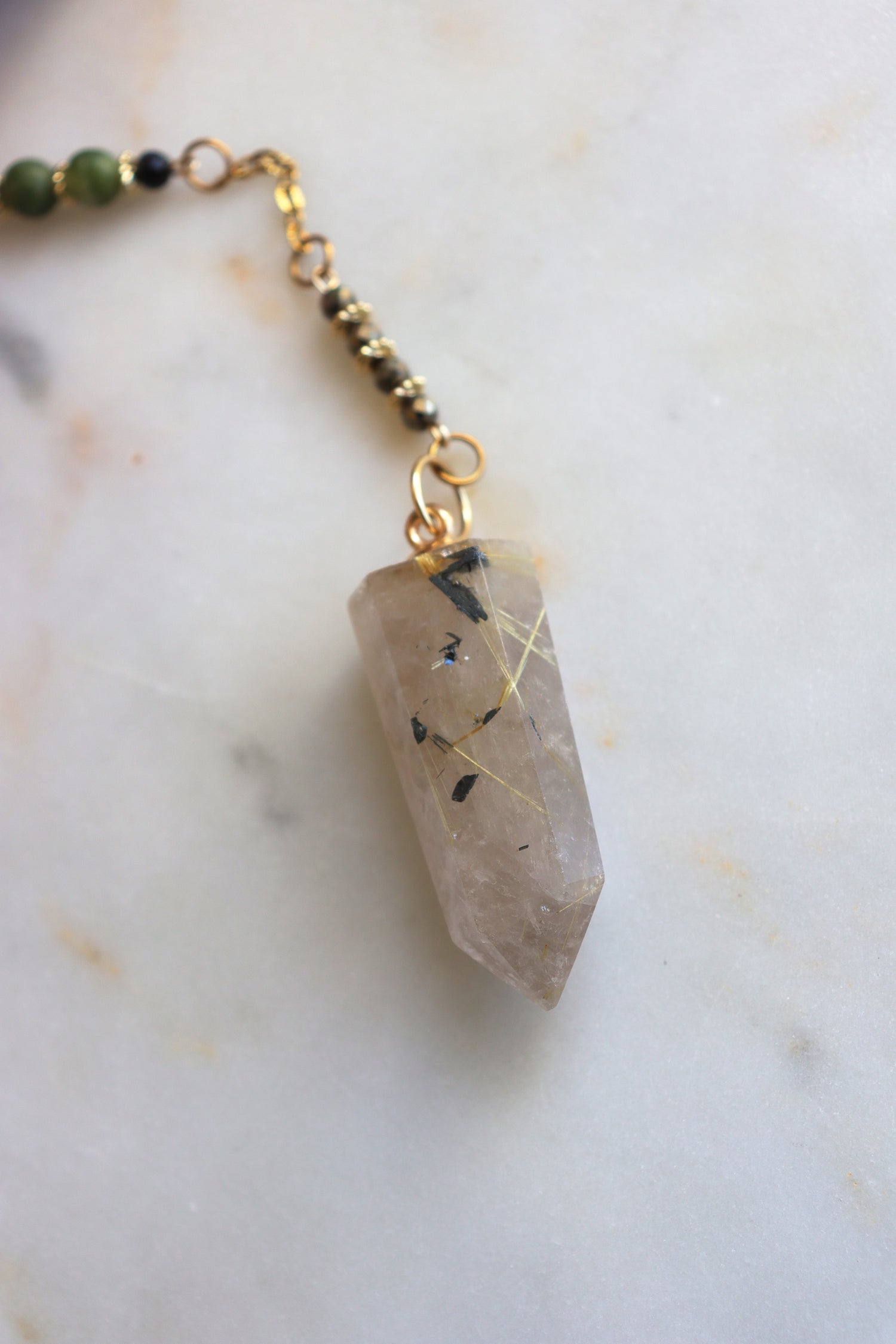 Rutilated Quartz Pendulum – Dragon Dowsing Tool with Jade, Pyrite &amp; Obsidian