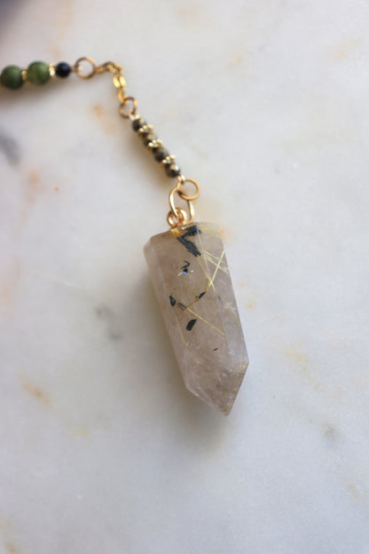 Rutilated Quartz Pendulum – Dragon Dowsing Tool with Jade, Pyrite &amp; Obsidian