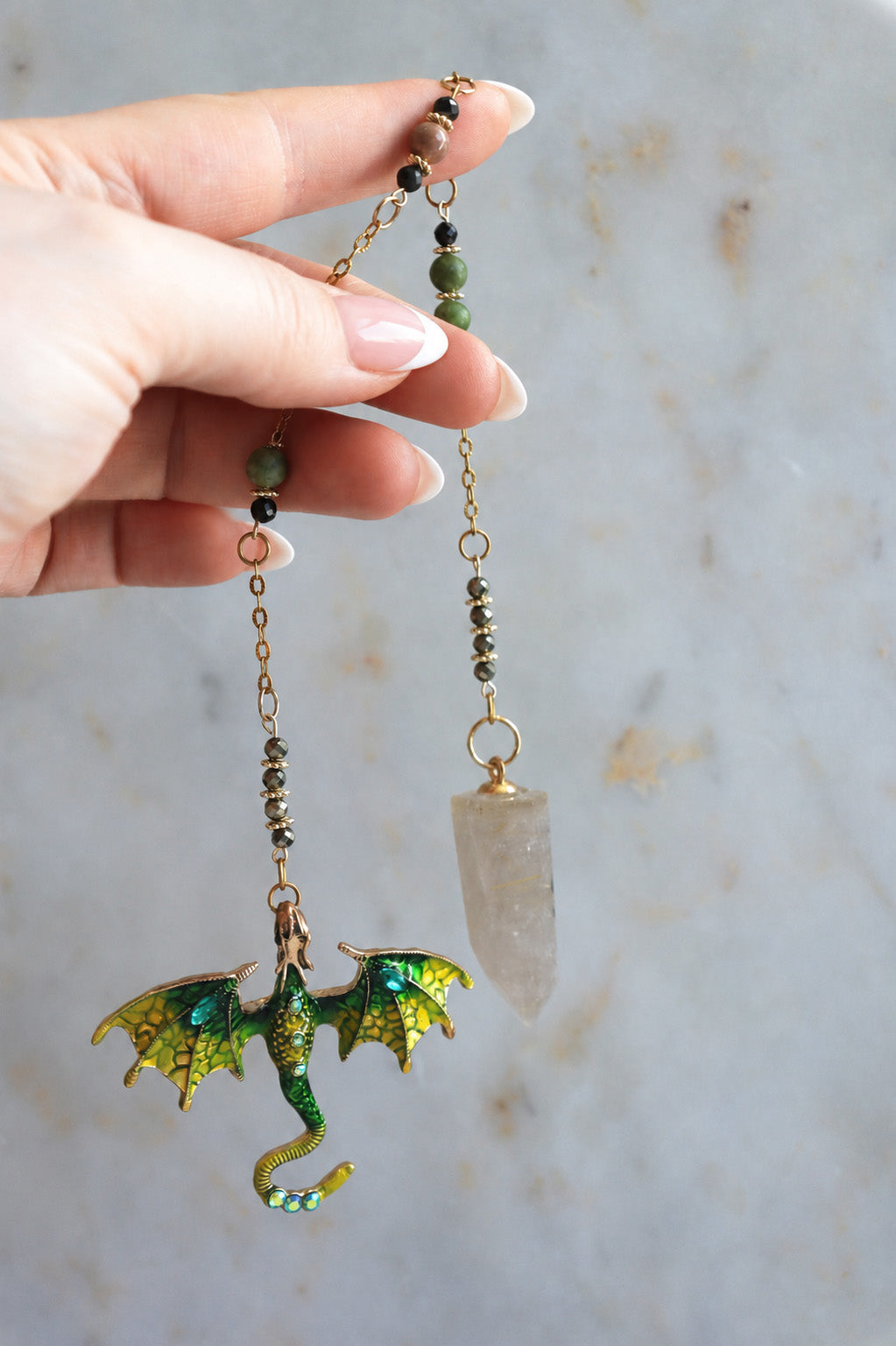 Rutilated Quartz Pendulum – Dragon Dowsing Tool with Jade, Pyrite &amp; Obsidian