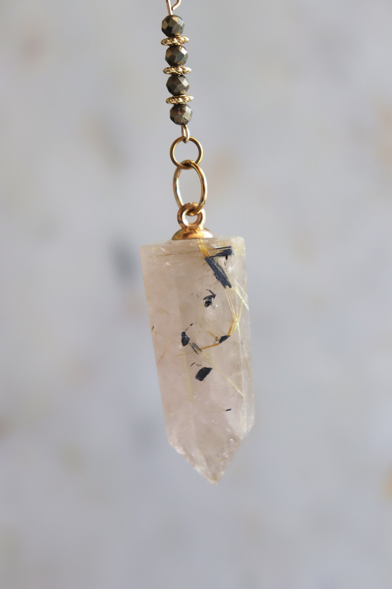 Rutilated Quartz Pendulum – Dragon Dowsing Tool with Jade, Pyrite &amp; Obsidian