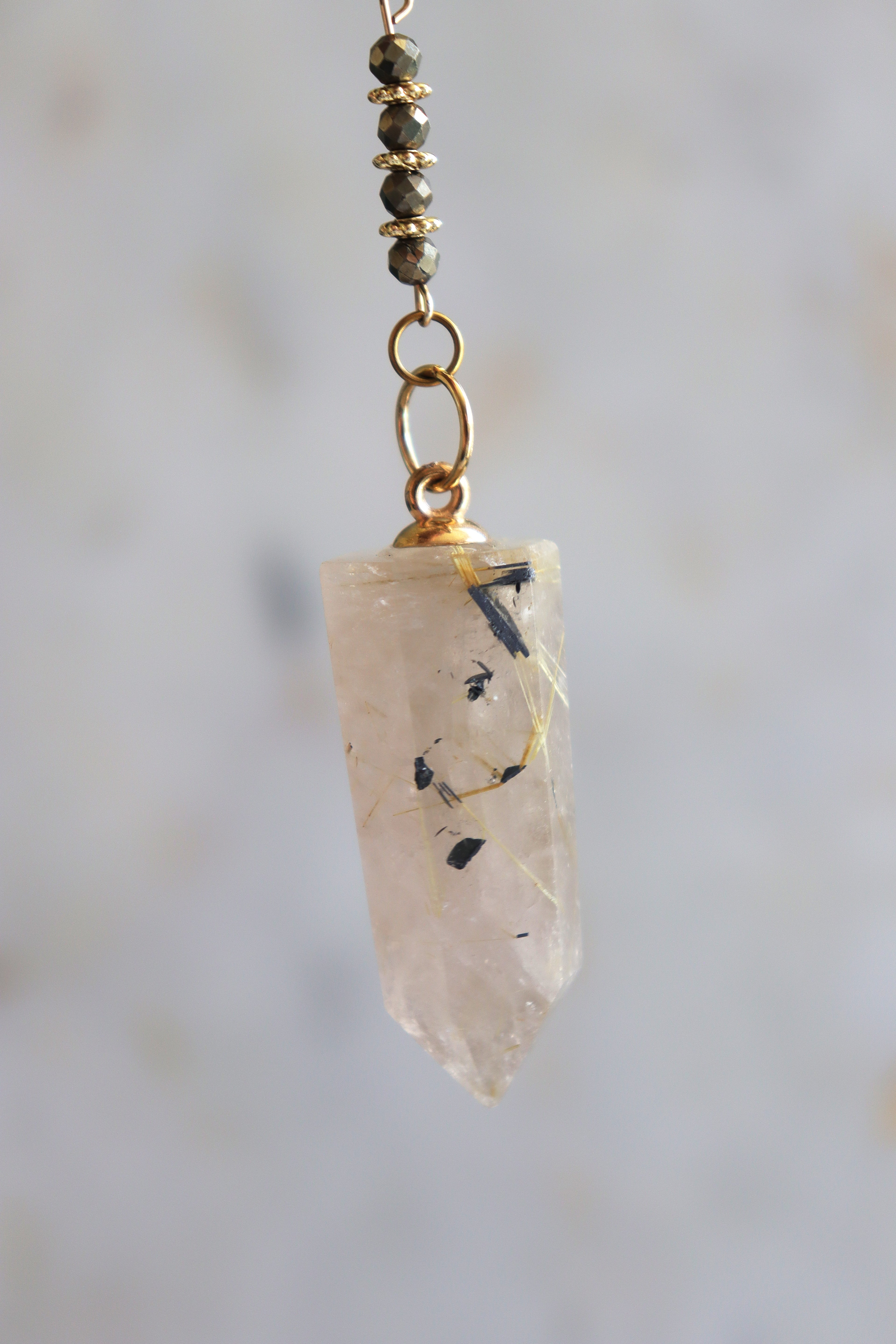 Rutilated Quartz Pendulum – Dragon Dowsing Tool with Jade, Pyrite &amp; Obsidian