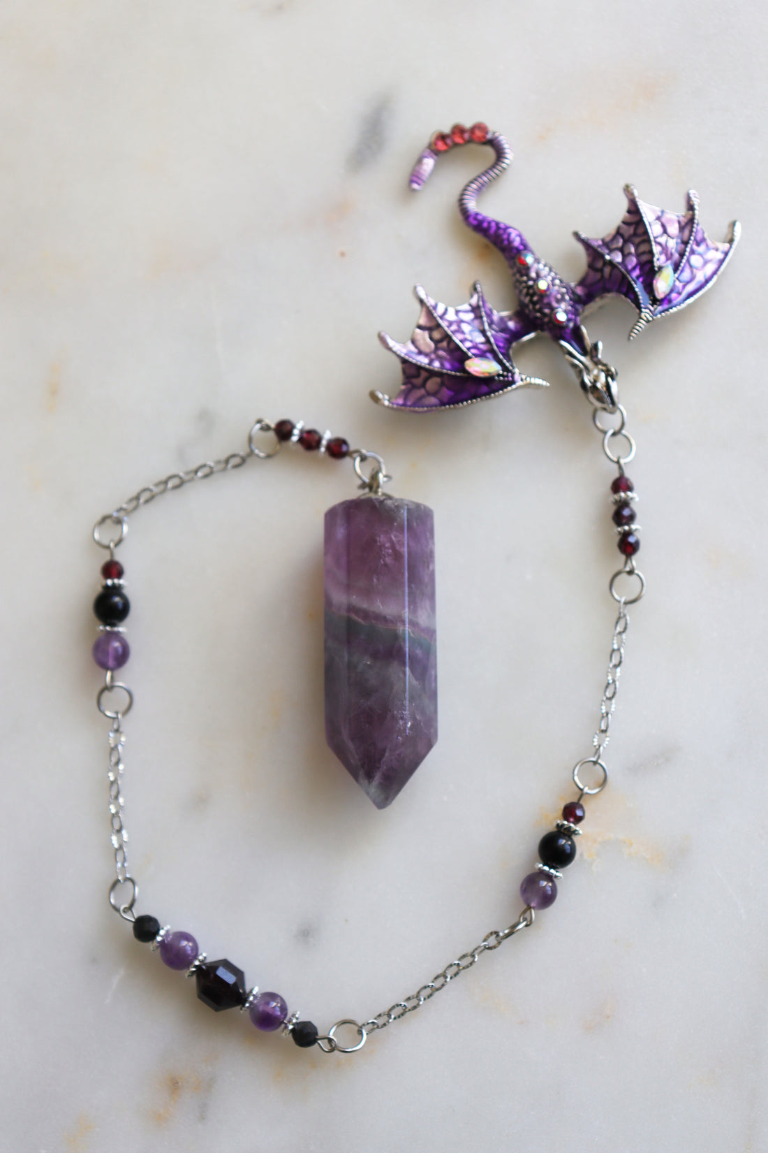 Purple Fluorite Pendulum – Dragon Dowsing Tool with Amethyst, Garnet &amp; Obsidian